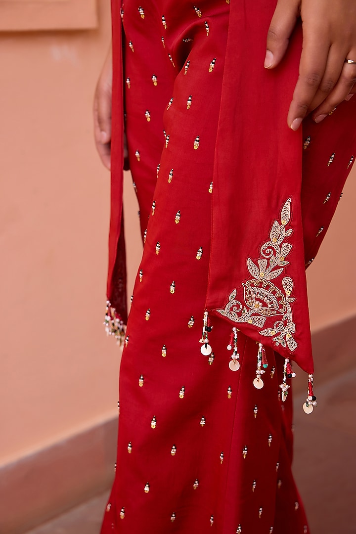 Red Satin Gota & Bead Work Jacket Set by Isha Gupta Tayal at Pernia's Pop Up Shop