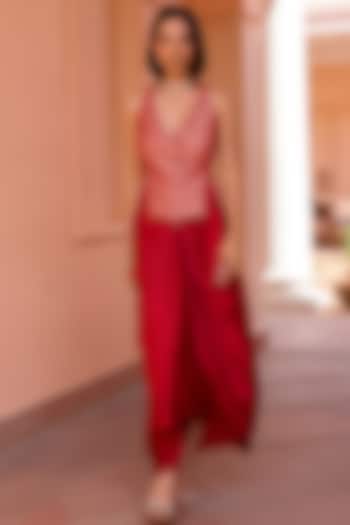 Red Satin Draped Skirt Set by Isha Gupta Tayal