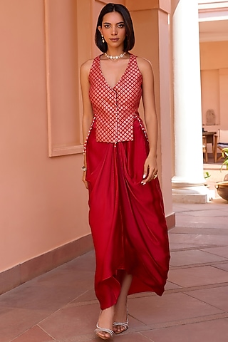 Red Satin Draped Skirt Set by Isha Gupta Tayal