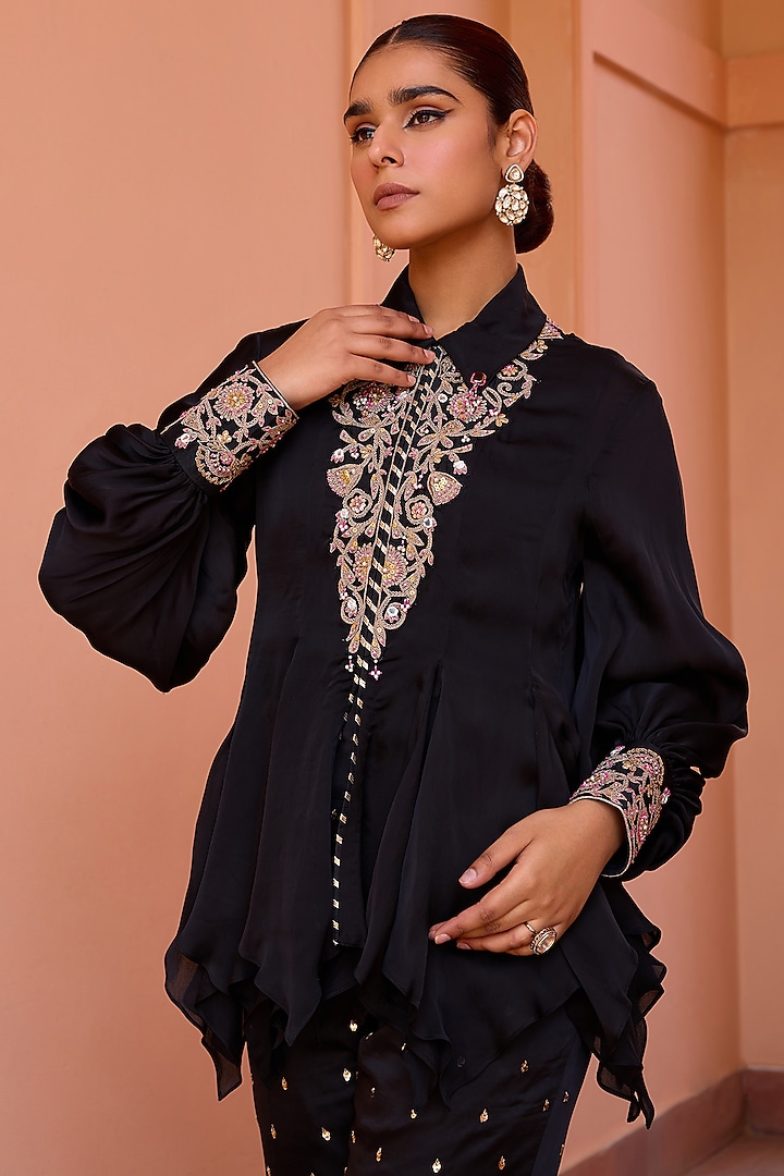 Black Satin Organza Dori Embroidered Top With Bustier by Isha Gupta Tayal