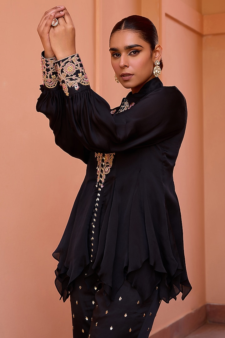 Black Satin Organza Dori Embroidered Top With Bustier by Isha Gupta Tayal at Pernia's Pop Up Shop