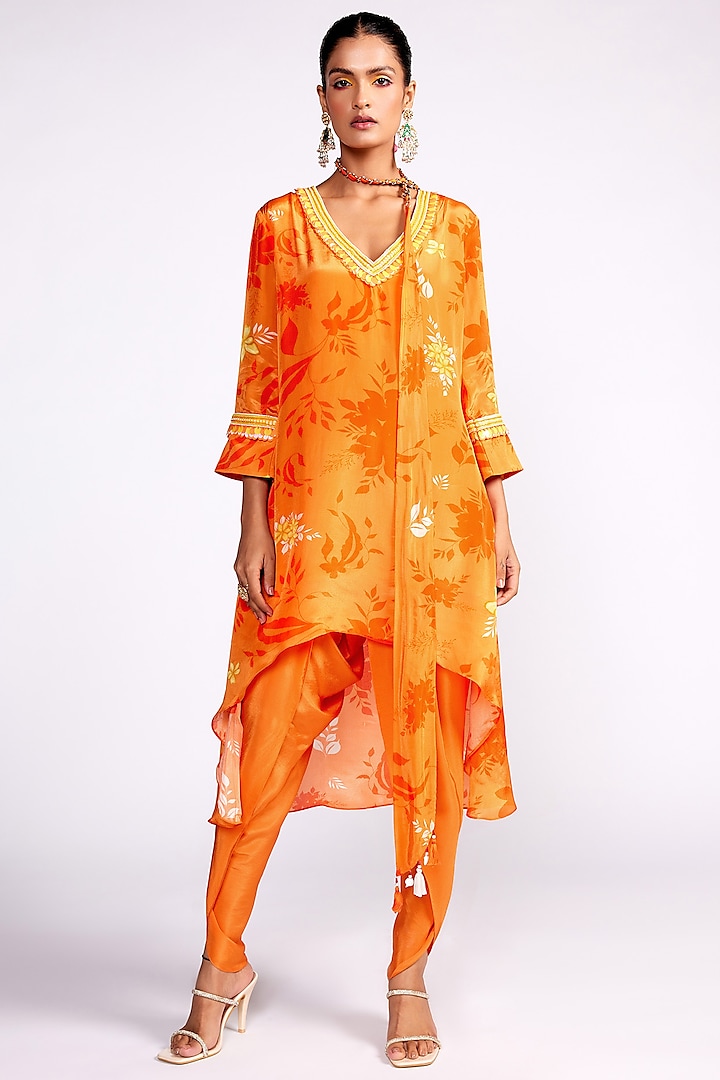 Orange Crepe Printed & Embroidered Asymmetrical Kurta Set by Isha Gupta Tayal