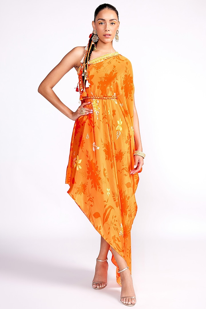 Orange Crepe Printed & Embroidered Kaftan Dress With Belt by Isha Gupta Tayal