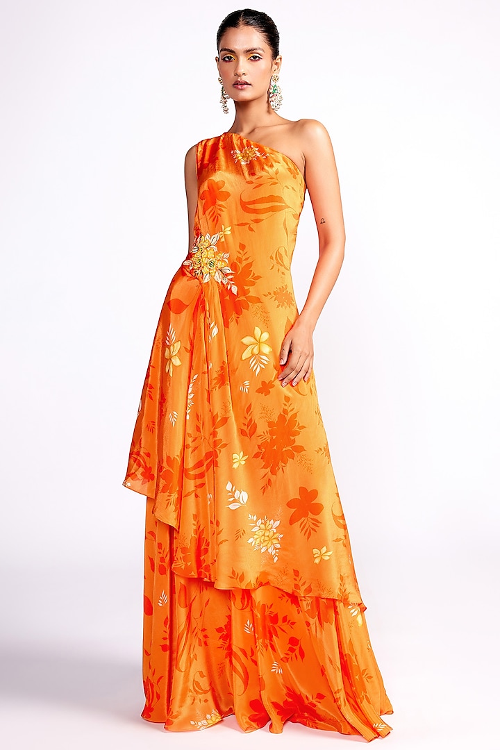 Orange Crepe Printed Sharara Set by Isha Gupta Tayal at Pernia's Pop Up Shop