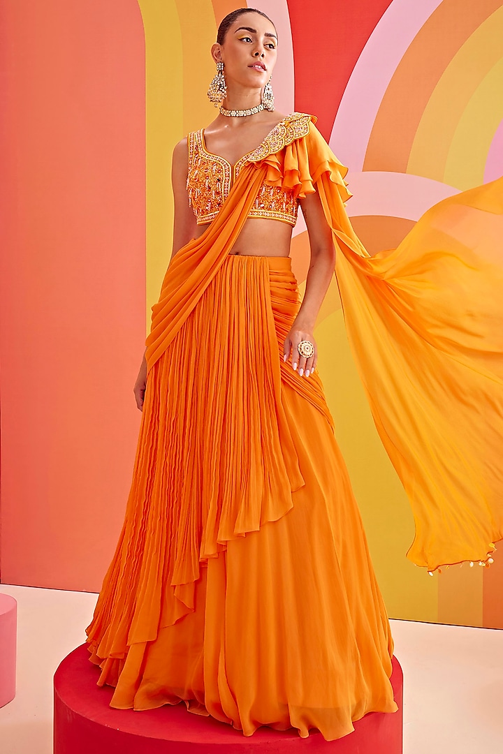 Orange Georgette Layered Draped Saree Set by Isha Gupta Tayal