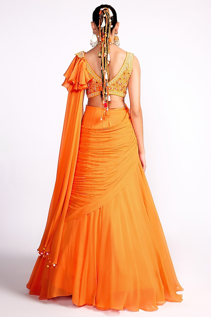 Orange Georgette Layered Draped Saree Set by Isha Gupta Tayal at Pernia's Pop Up Shop