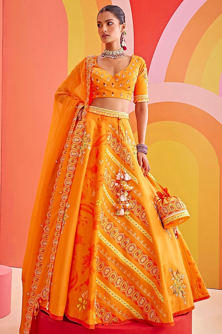 Orange Silk Embroidered Wedding Lehenga Set by Isha Gupta Tayal at Pernia's Pop Up Shop