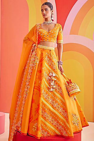 Orange Silk Embroidered Lehenga Set by Isha Gupta Tayal