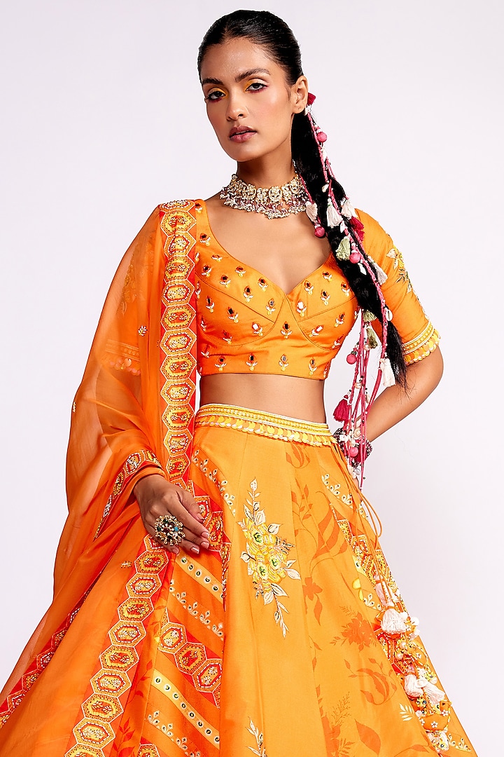 Orange Silk Embroidered Wedding Lehenga Set by Isha Gupta Tayal at Pernia's Pop Up Shop