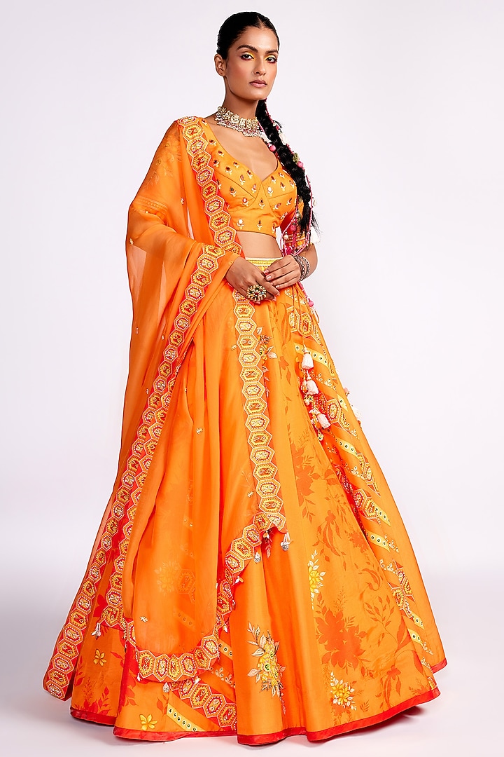 Orange Silk Embroidered Wedding Lehenga Set by Isha Gupta Tayal at Pernia's Pop Up Shop