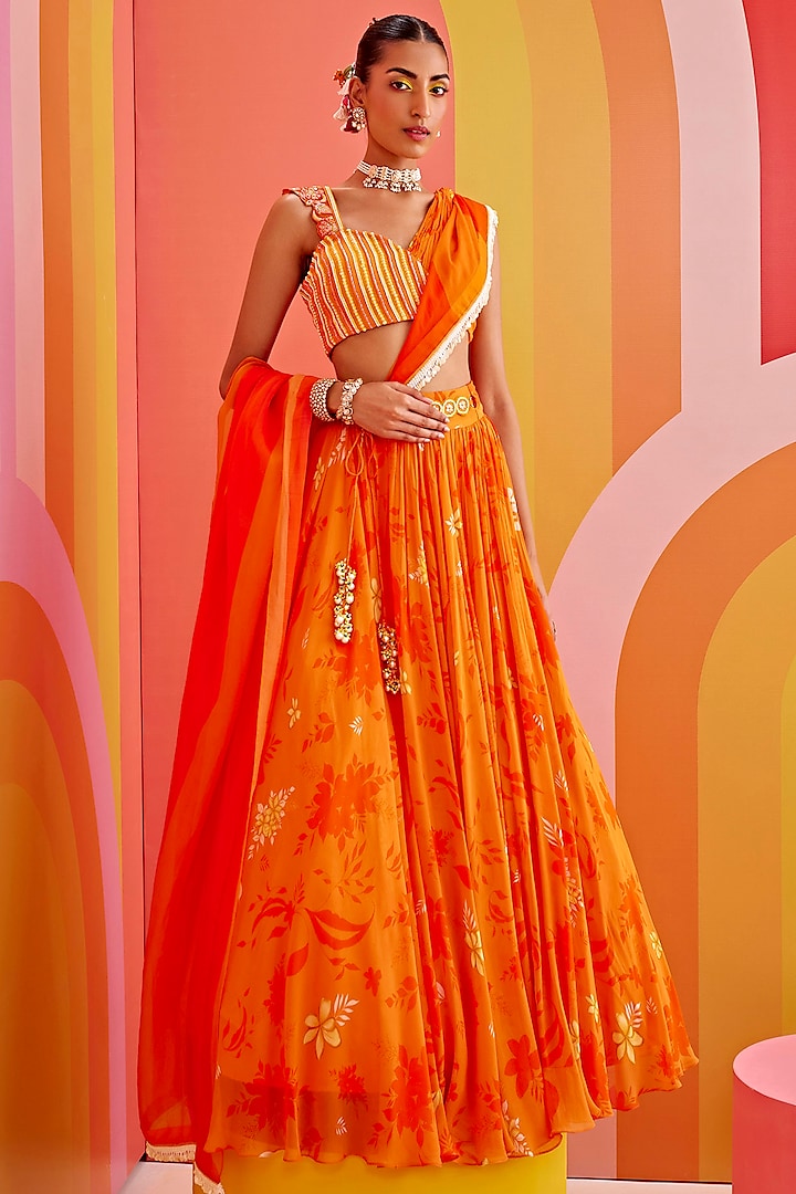 Orange Georgette Printed Lehenga Set by Isha Gupta Tayal