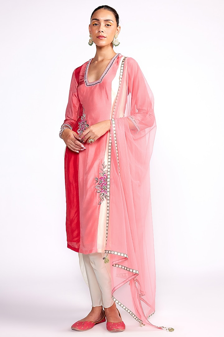Watermelon Pink Silk Embroidered Kurta Set by Isha Gupta Tayal at Pernia's Pop Up Shop