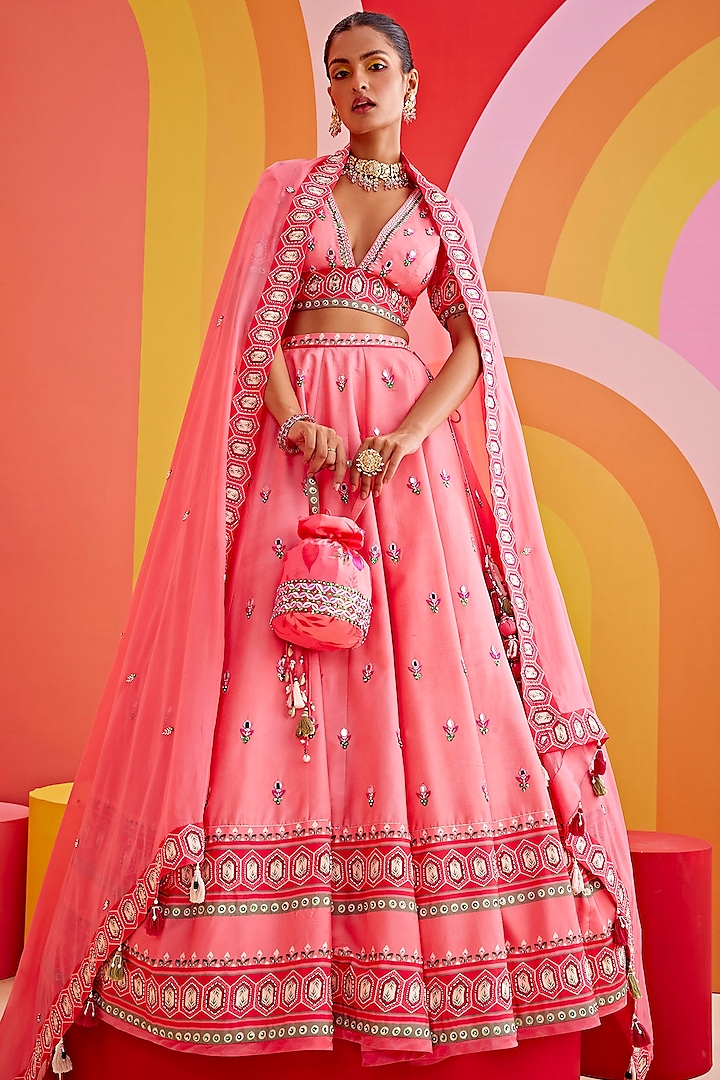 Flamingo Pink Silk Printed & Embroidered Kalidar Wedding Lehenga Set by Isha Gupta Tayal at Pernia's Pop Up Shop