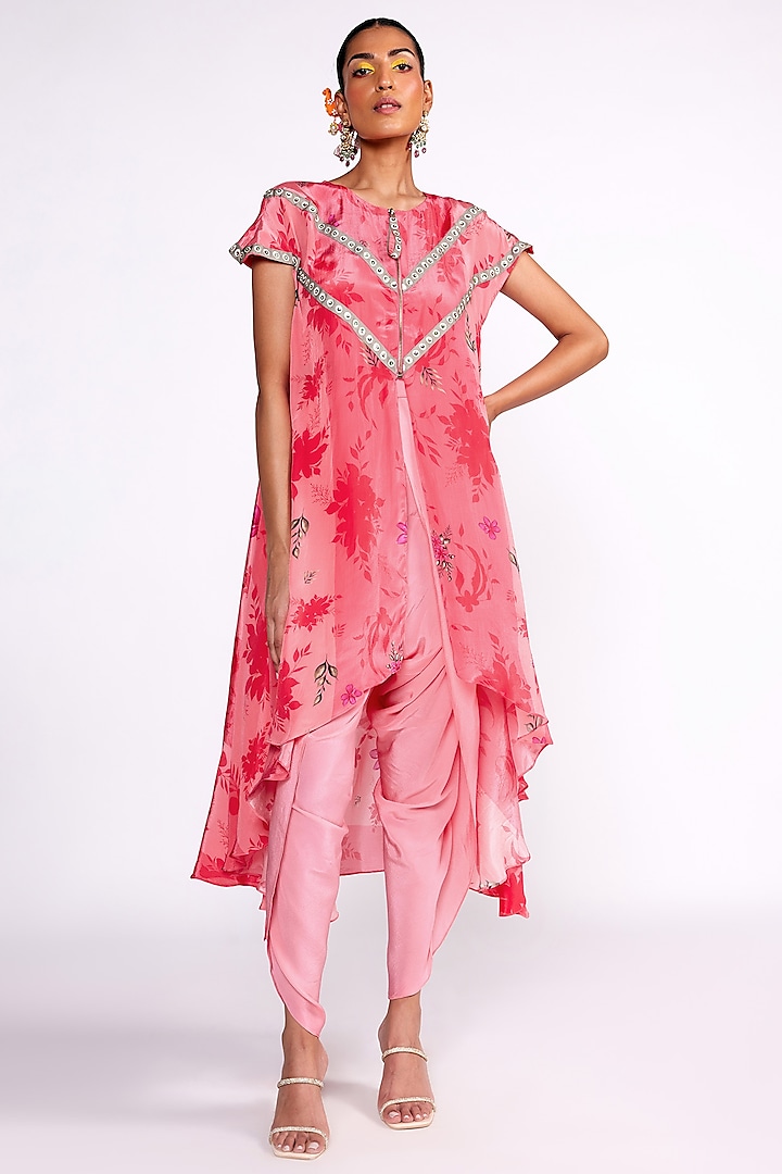 Pink Silk & Crepe Printed Kaftan Jacket Set by Isha Gupta Tayal
