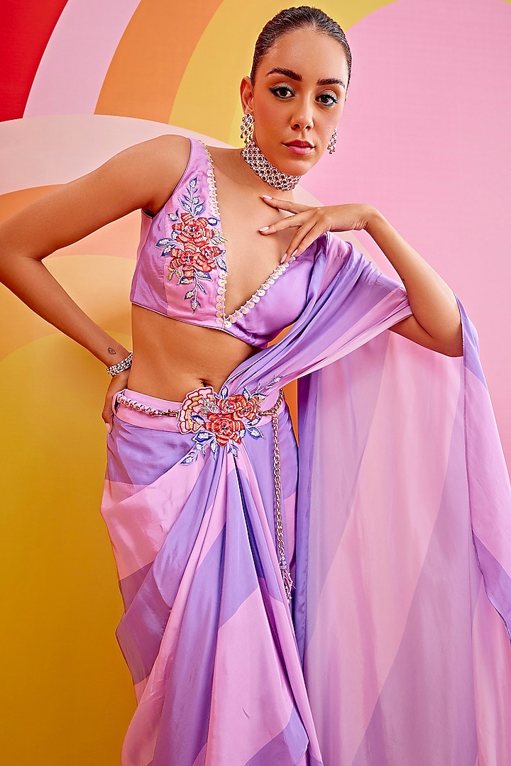 Lilac Chiffon Printed Draped Saree Set by Isha Gupta Tayal