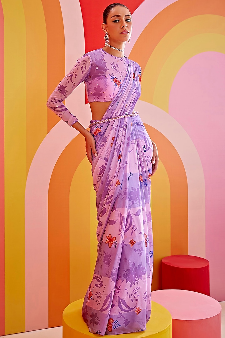 Lilac Chiffon Printed Pre-Draped Saree Set by Isha Gupta Tayal