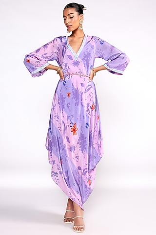 Lilac Crepe Embroidered Kaftan Dress by Isha Gupta Tayal