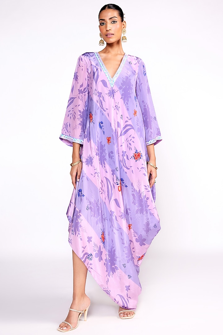 Lilac Crepe Embroidered Kaftan Vacation Dress by Isha Gupta Tayal at Pernia's Pop Up Shop