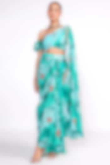 Aqua Green Crepe Printed Draped Skirt Set by Isha Gupta Tayal