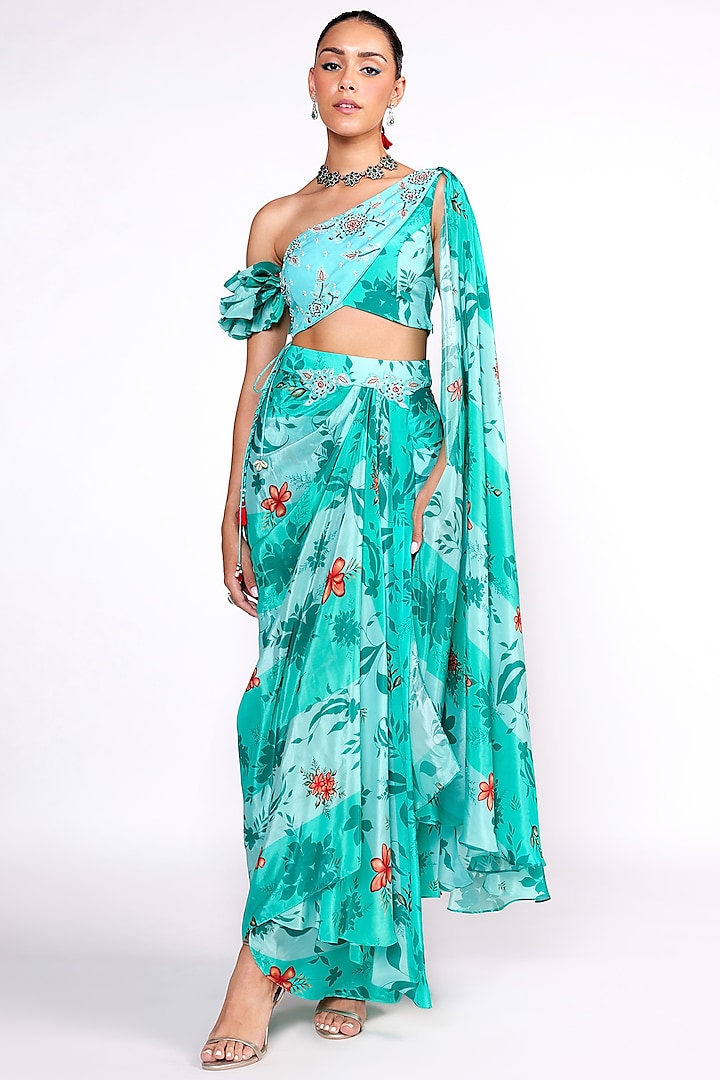 Aqua Green Crepe Printed Draped Skirt Set by Isha Gupta Tayal