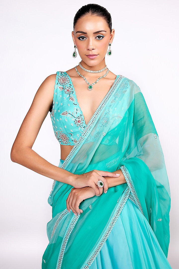 Aqua Green Georgette & Satin Organza Wedding Lehenga Saree Set by Isha Gupta Tayal at Pernia's Pop Up Shop