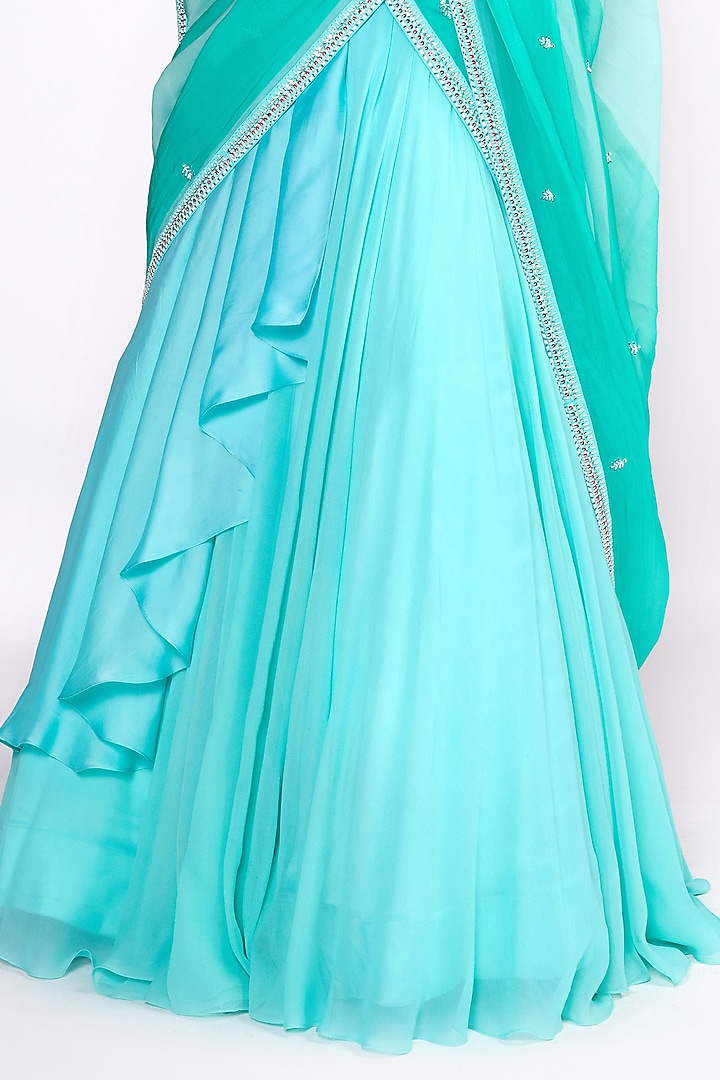 Aqua Green Georgette & Satin Organza Wedding Lehenga Saree Set by Isha Gupta Tayal at Pernia's Pop Up Shop