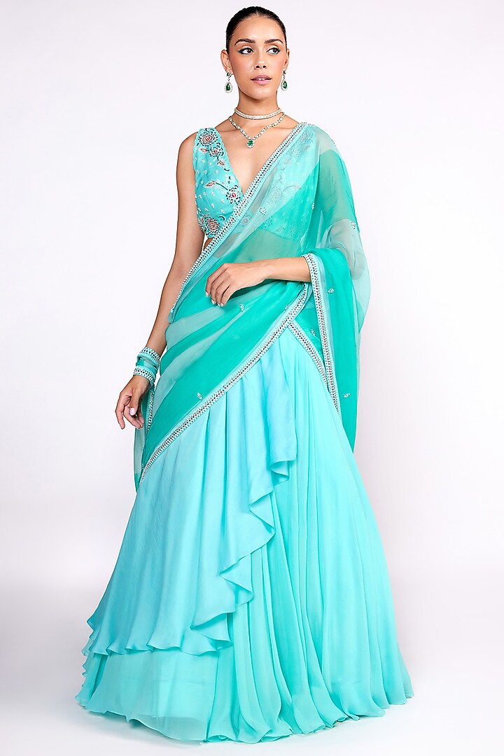 Aqua Green Georgette & Satin Organza Wedding Lehenga Saree Set by Isha Gupta Tayal at Pernia's Pop Up Shop