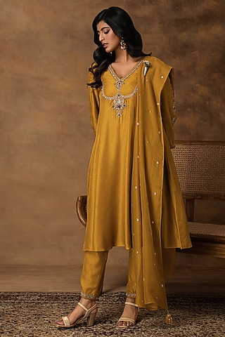 Golden Yellow Silk Embroidered Kurta Set by Isha Gupta Tayal