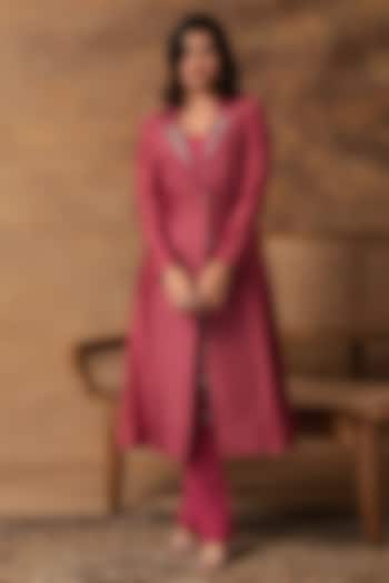 Pink Chanderi Printed & Embroidered Jacket-Style Kurta Set by Isha Gupta Tayal at Pernia's Pop Up Shop
