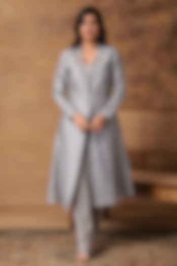 Grey Chanderi Printed & Embroidered Jacket-Style Kurta Set by Isha Gupta Tayal at Pernia's Pop Up Shop