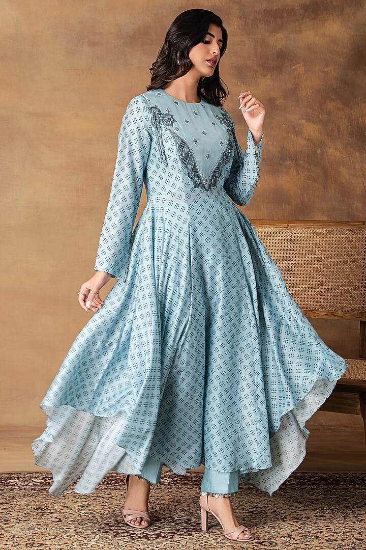 Powder Blue Chanderi Butta Printed Asymmetrical Kurta Set by Isha Gupta Tayal at Pernia's Pop Up Shop