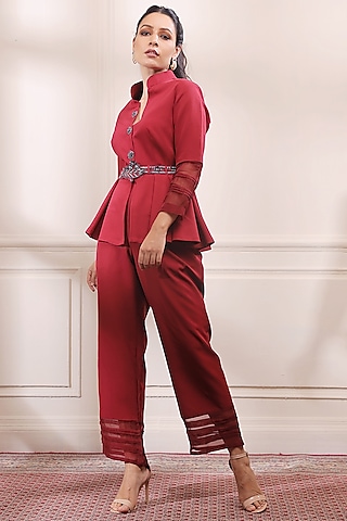 Ruby Red Crepe Lycra Co-Ord Set by Isha Gupta Tayal