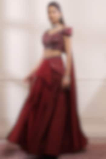 Ruby Red Raw Silk Embellished Wedding Lehenga Set by Isha Gupta Tayal at Pernia's Pop Up Shop
