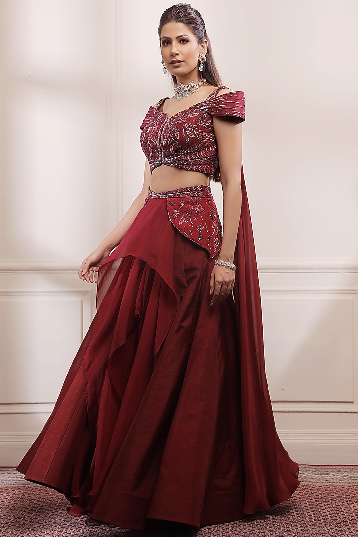 Ruby Red Raw Silk Embellished Wedding Lehenga Set by Isha Gupta Tayal at Pernia's Pop Up Shop