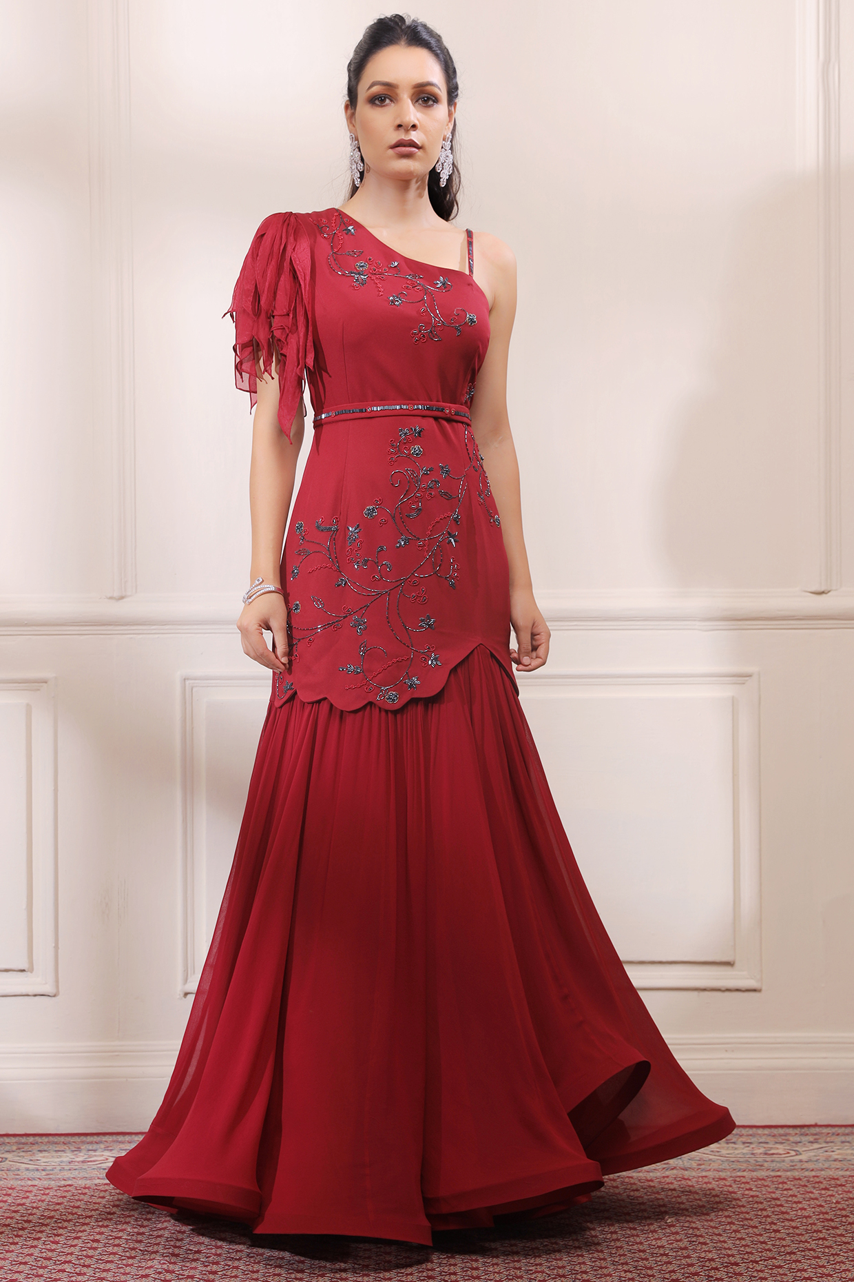 Ruby Red Embellished Flared Gown by Isha Gupta Tayal at Pernia's Pop Up Shop