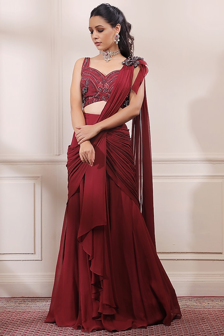 Ruby Red Georgette Pre-Stitched Saree Set by Isha Gupta Tayal
