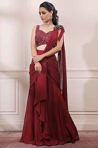 Ruby Red Georgette Pre-Stitched Saree Set by Isha Gupta Tayal