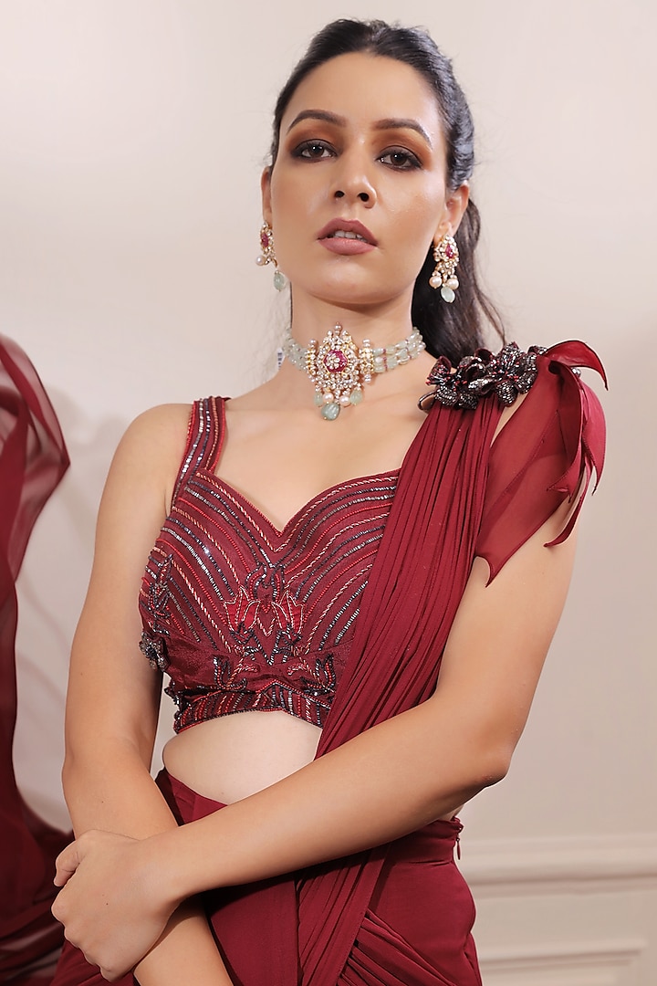 Ruby Red Georgette Pre-Stitched Wedding Saree Set by Isha Gupta Tayal at Pernia's Pop Up Shop