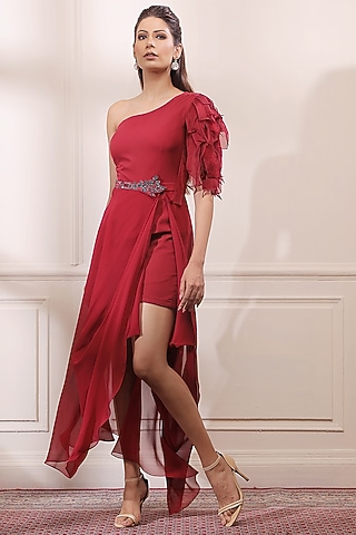 Ruby Red One-Shoulder Dress by Isha Gupta Tayal