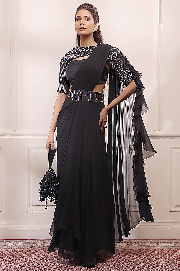 Black Onyx Georgette Pre-Stitched Saree Set by Isha Gupta Tayal