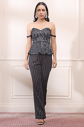 Black Onyx Zari Embroidered Pant Set by Isha Gupta Tayal