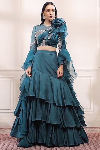 Jade Green Silk Lehenga Set by Isha Gupta Tayal