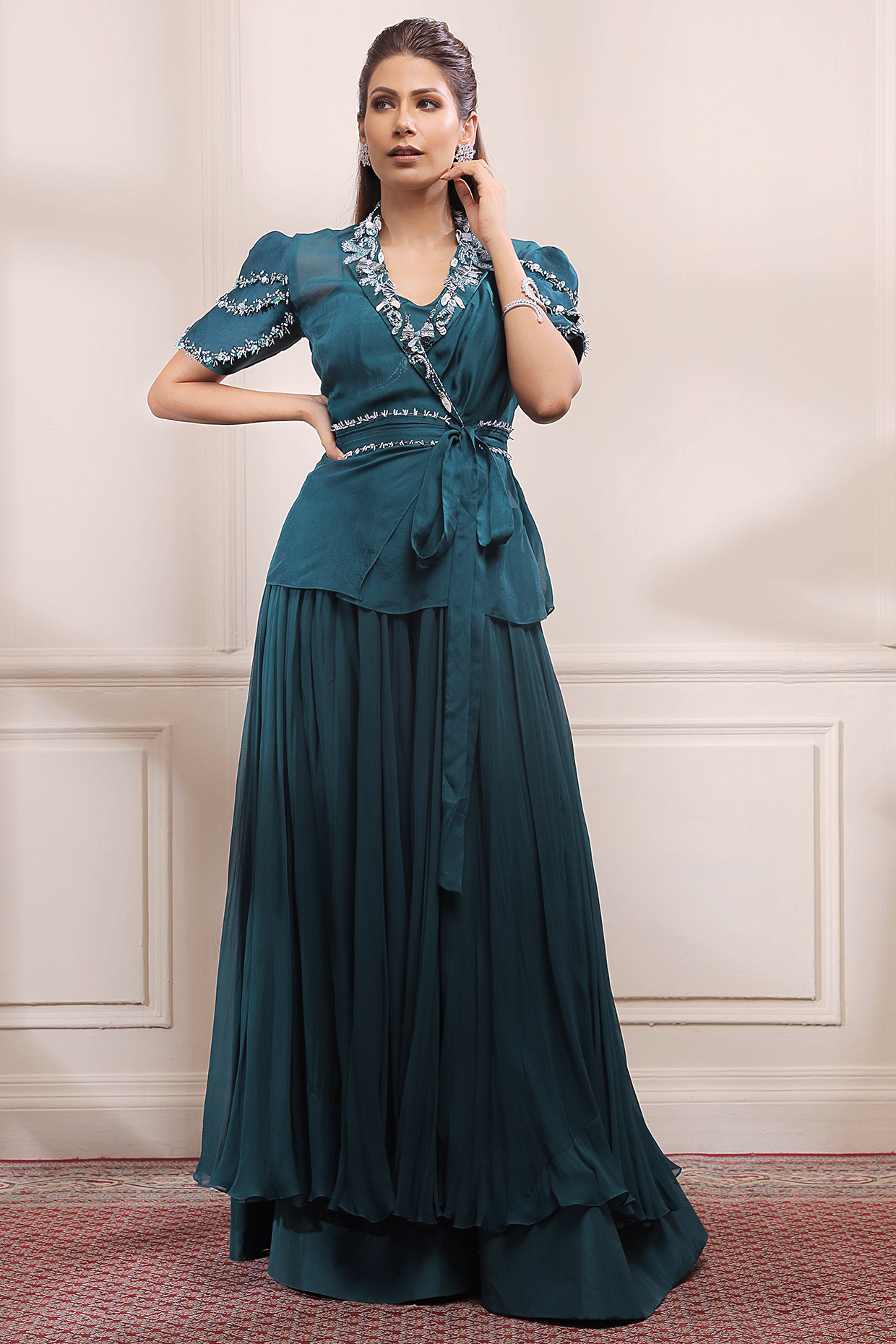 Jade Green Georgette Layered Wedding Sharara Set by Isha Gupta Tayal at Pernia's Pop Up Shop
