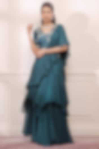 Jade Green Silk & Georgette Asymmetric Lehenga Saree Set by Isha Gupta Tayal