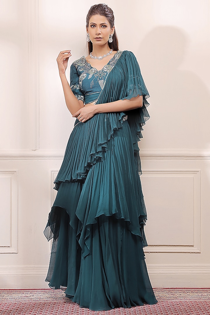 Jade Green Silk & Georgette Asymmetric Wedding Lehenga Saree Set by Isha Gupta Tayal at Pernia's Pop Up Shop
