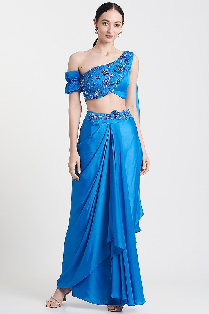 Blue Crepe Draped Skirt Set by Isha Gupta Tayal at Pernia's Pop Up Shop