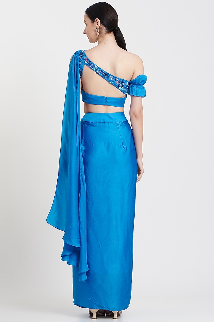 Blue Crepe Draped Skirt Set by Isha Gupta Tayal at Pernia's Pop Up Shop