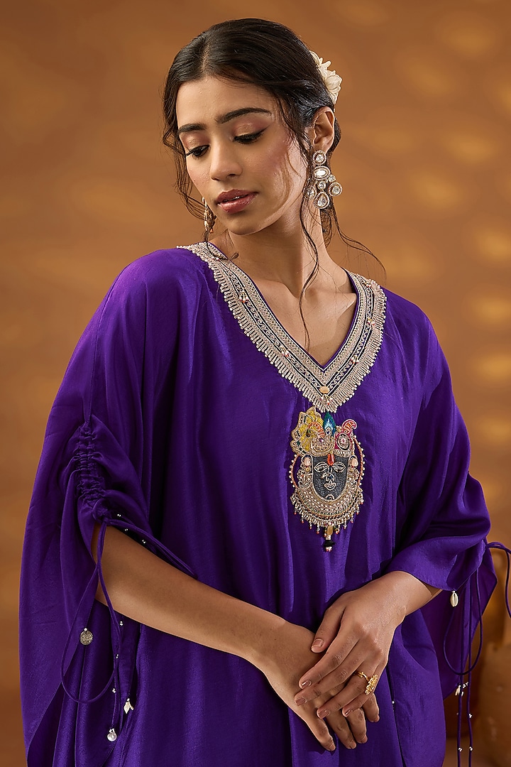 Purple Silk Hand Embroidered Kaftan Kurta Set by Isha Gupta Tayal at Pernia's Pop Up Shop