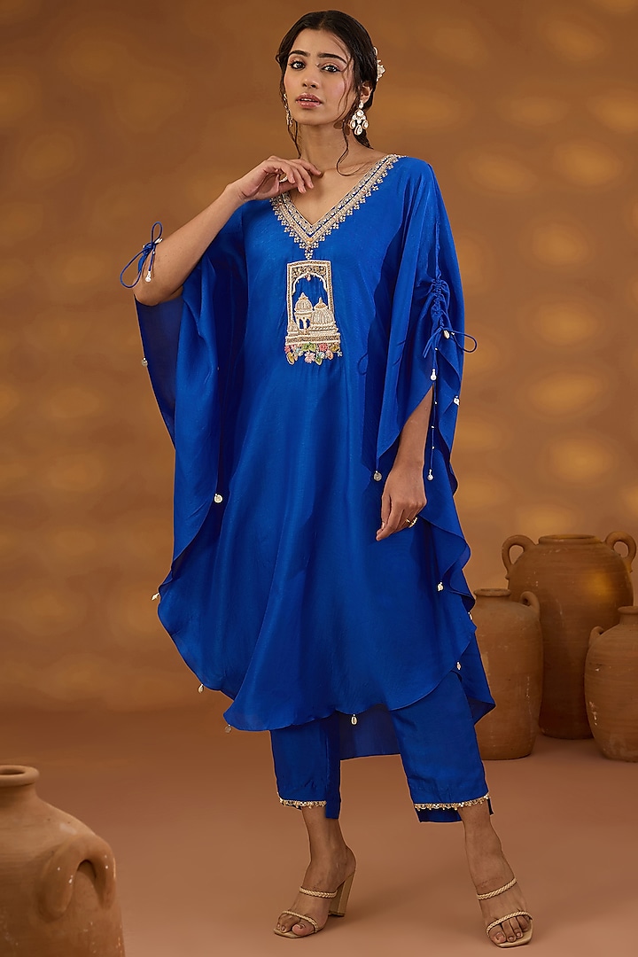 Blue Silk Hand Embroidered Kaftan Set by Isha Gupta Tayal at Pernia's Pop Up Shop