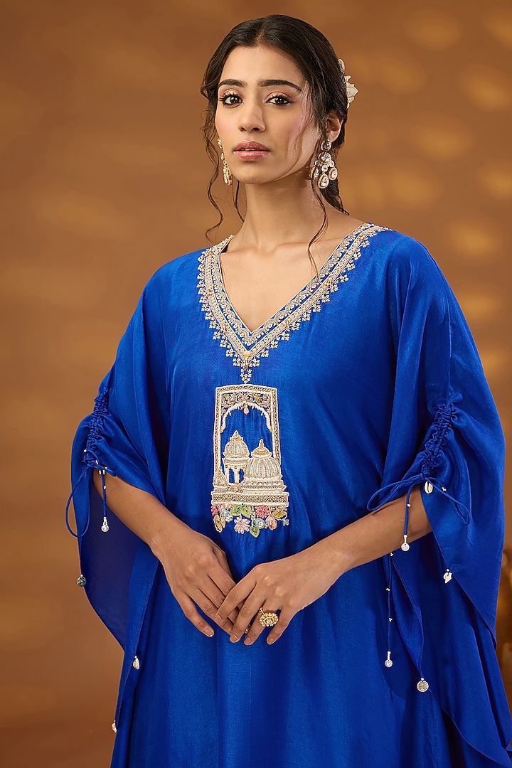 Blue Silk Hand Embroidered Kaftan Set by Isha Gupta Tayal at Pernia's Pop Up Shop